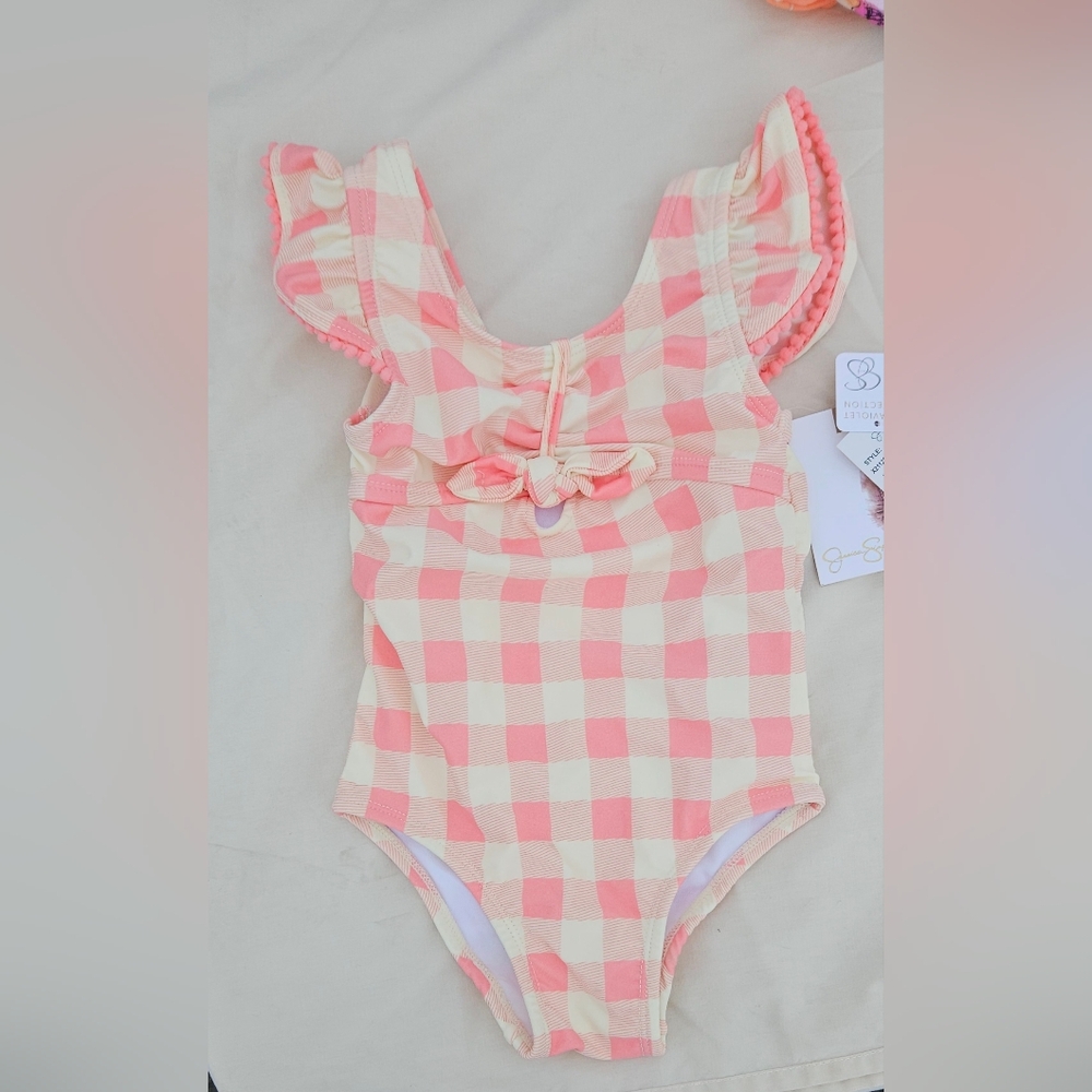 Jessica Simpson pink and cream checkered baby swimsuit